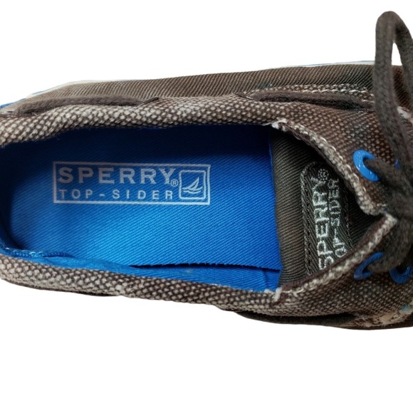 Sperry Top-Sider Boys Boat Shoes Size 11M Brown Canvas Blue Accents Tie Laces - Picture 8 of 9